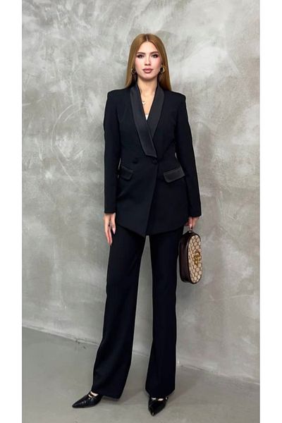 pembekurdelem Black Satin Women's Shawl Collar Jacket and Pants Set