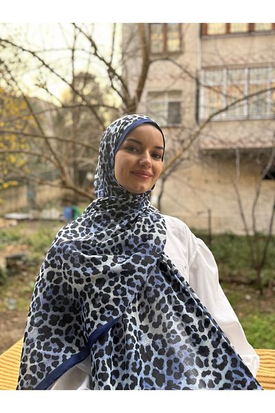 shalby Şal albastru din bumbac moale Hijab cu model leopard