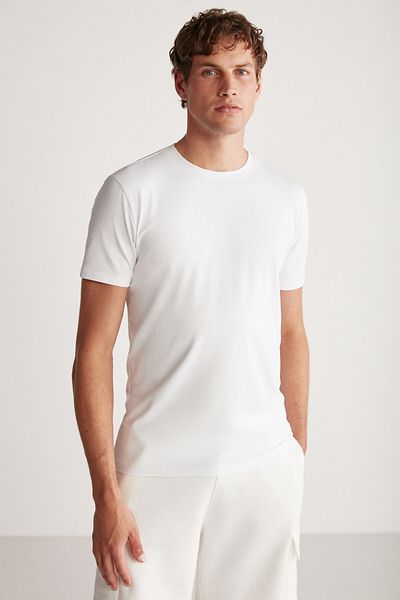GRIMELANGE Chad Men's Slim Fit Ultra Stretchy Short Sleeve Round Neck White T-Shirt