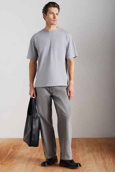 GRIMELANGE Ανδρικό Jett - Γκρι μπλουζάκι Oversize, 100% οργανικό βαμβάκι, χοντρή υφή, λαιμόκοψη