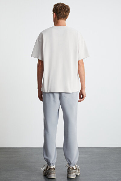 GRIMELANGE Rıver Erkek Oversize Fit Bol Kesim Nakış Işlemeli Basic Örme Taş Rengi T-shirt
