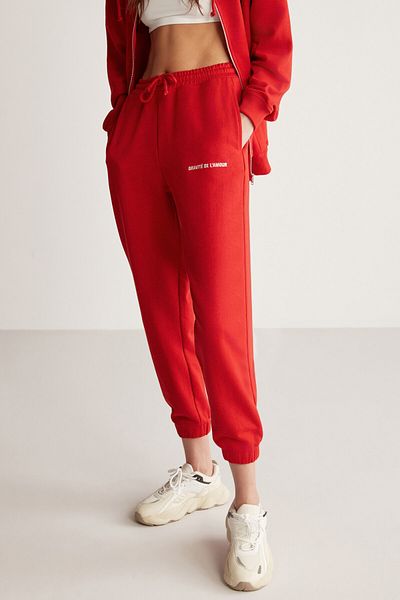 GRIMELANGE Carolinene – Rote Jogginghose mit entspannter Passform und Stickereien für Damen, elastische Taille und Beinabschluss