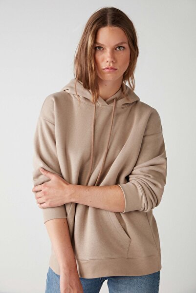 GRIMELANGE Γυναικείο μπεζ φούτερ Adel - οργανικό βαμβάκι, φλις, μαλακό και καγκουρό με κουκούλα