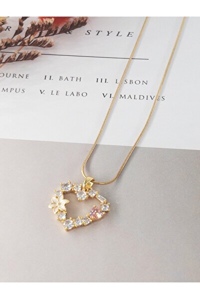 Siya Silver Taşlı Çiçekli Çelik Kalp Kolye