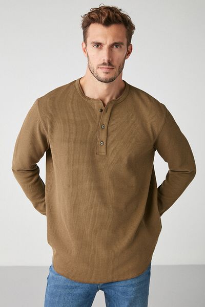 GRIMELANGE Pánské pletené tričko Patrick Waffle s dlouhým rukávem, speciální texturou z tlusté tkaniny