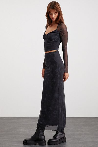 GRIMELANGE Beulah Women's Maxi Length Elastic Waist Tulle Dark Gray Skirt