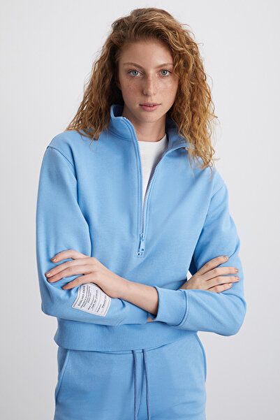 ETHIQUET Sailenis Women's Soft Inside Fleece-Lined Organic Cotton Half Zipper Regular Blue Sweatshirt