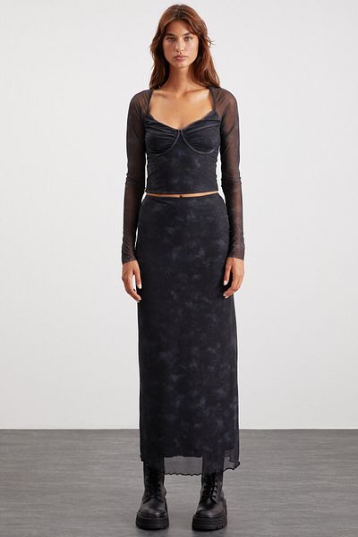 GRIMELANGE Beulah Women's Maxi Length Elastic Waist Tulle Dark Gray Skirt