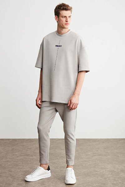 GRIMELANGE Project Men - Šedé oversize tričko Crew Neck 100% organická bavlna