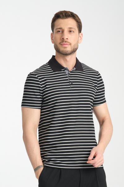 Frappoli Ανδρικό μπλουζάκι Violes με ριγέ λεπτή εφαρμογή 100% βαμβακερό μαύρο γιακά πόλο
