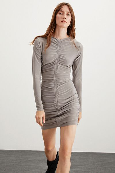 GRIMELANGE Katrına Women's Gray Midi Dress - Stretchy Sandy Fabric, Long Sleeve, Drape Look Body Lines