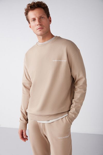 GRIMELANGE Marshall Herren-Trainingsanzug-Set aus Baumwolle, Fleece-Innenseite, bestickt, beigefarben