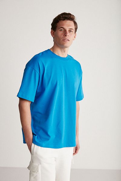GRIMELANGE Tricou Jett pentru bărbați, cu croială supradimensionată, 100% bumbac organic, cu textura groasă, cu gât de bicicletă, albastru Saks
