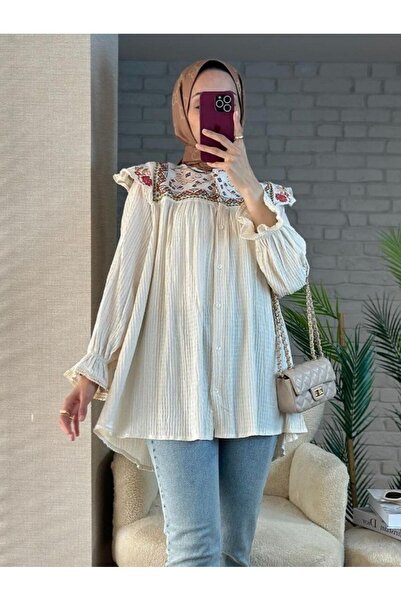 Modamorfo Ethnic Patterned Wrapped Tunic with Elastic Sleeves -Beige