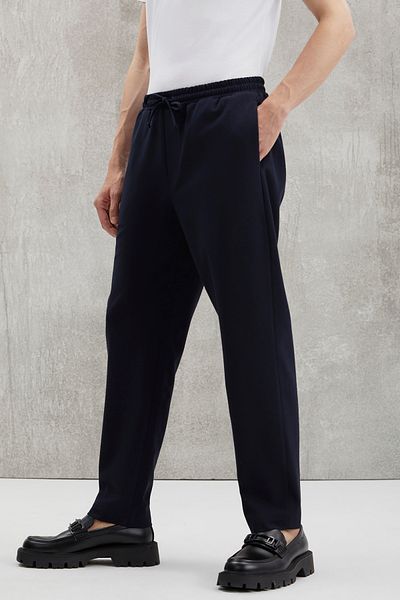 GRIMELANGE Blaz Men's Woven Waist Elasticated Slim Fit Corded Pocket Navy Blue Trousers