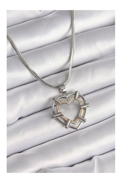 Clariss 316L Steel Silver Color Italian Chain Mix Color Zircon Stone Detail Heart Model Women's Necklace