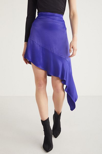 GRIMELANGE Nellie Women's Asymmetrical Cut Satin Fabric Zipper Detailed Stylish Purple Skirt