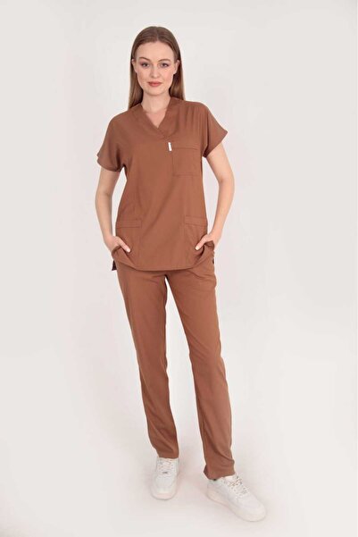 EDİFOR Scrubs Kahve Doktor/ Hemşire Forması Alt Üst Takım Cerrahi Forma (Kadın)