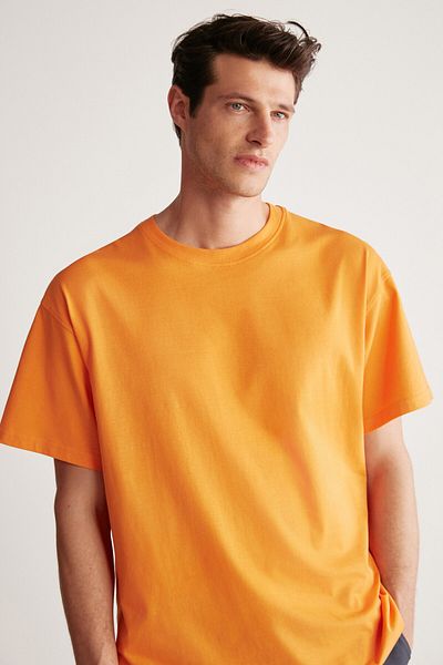 GRIMELANGE Jett Men - Πορτοκαλί μπλουζάκι Oversize με λαιμόκοψη 100% οργανικό βαμβάκι
