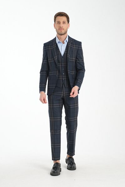 Frappoli Slim Fit Navy Blue καρό καρό μονόχρωμο κοστούμι με διπλό σχιστό γιακά