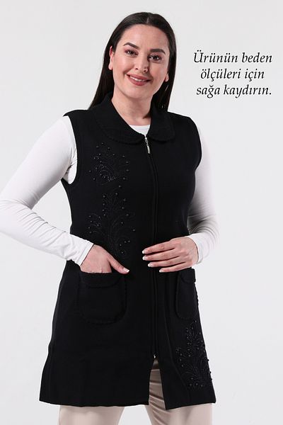 Laden Knitwear Crocheted Stone Long Thick Wool Women's High Quality Zippered Mother's Winter Navy Blue Vest