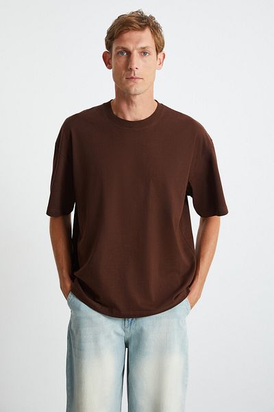 GRIMELANGE Jett Men - Bitter Brown Oversize T-shirt, 100% bawełna organiczna, gruba teksturowana koszulka z okrągłym dekoltem