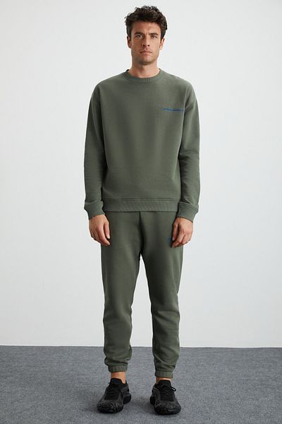 GRIMELANGE Marshall Herren-Trainingsanzug-Set aus Baumwolle, Fleece-Innenseite, bestickt, Relaxed Khaki