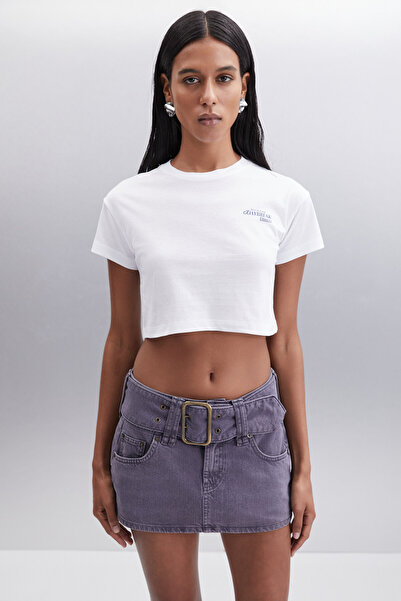 ETHIQUET MORAN Kadın %100 Pamuk Beyaz - Lacivert Baskılı T-Shirt