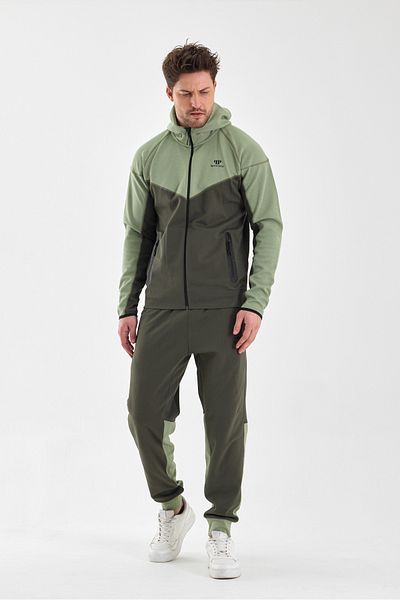 Piyera Men's Khaki Green Tracksuit Set - Double Face Hood with Zippered Pockets and Elastic Legs - 7763