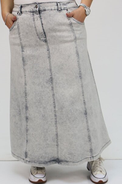 Eslina 45007 Plus Size Piece Stone Detailed Denim Skirt - Gray