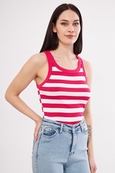 Genel Markalar Kadın Pempe Beyaz Çizgili Fitilli Likralı T-shirt Halter Yaka Örme Atlet