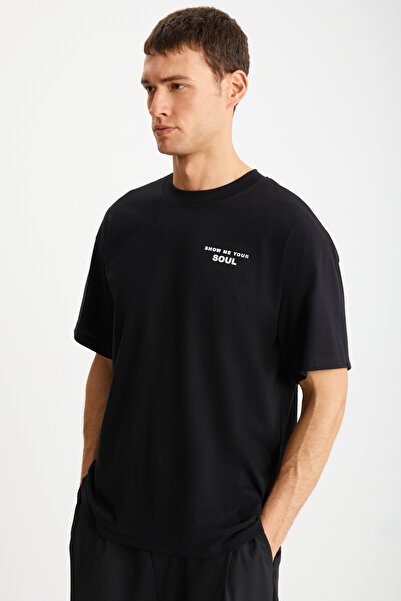 GRIMELANGE Ανδρικό μπλουζάκι Mark από 100% οργανικό βαμβάκι εμπρός και πίσω με στάμπα με χοντρή υφή, υπερμεγέθη μαύρο μπλουζάκι