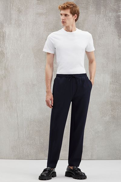 GRIMELANGE Blaz Men's Woven Waist Elasticated Slim Fit Corded Pocket Navy Blue Trousers