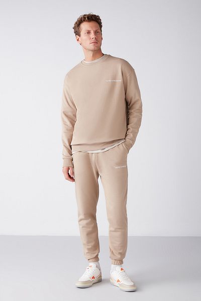 GRIMELANGE Marshall Herren-Trainingsanzug-Set aus Baumwolle, Fleece-Innenseite, bestickt, beigefarben