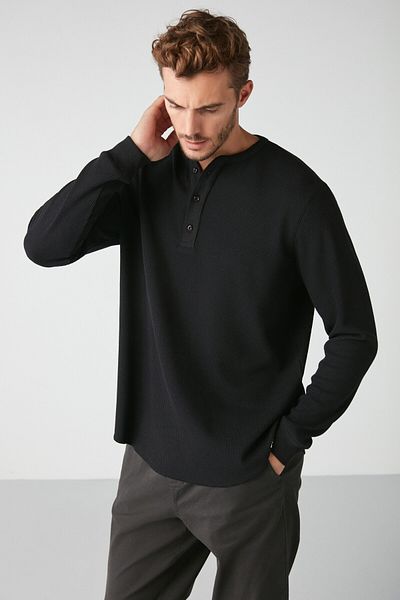 GRIMELANGE Ανδρικά πλεκτά Patrick Waffle - Premium Μαύρο T-shirt με ειδική υφή