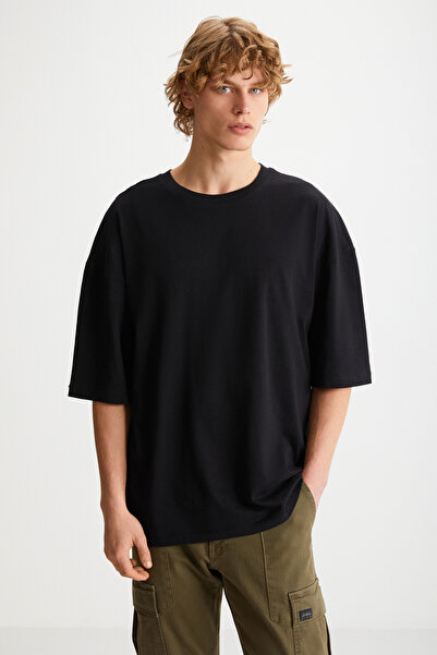 GRIMELANGE Ανδρικό Rhett - Μαύρο πλεκτό μπλουζάκι Basic, 100% οργανικό βαμβάκι, χαλαρή εφαρμογή