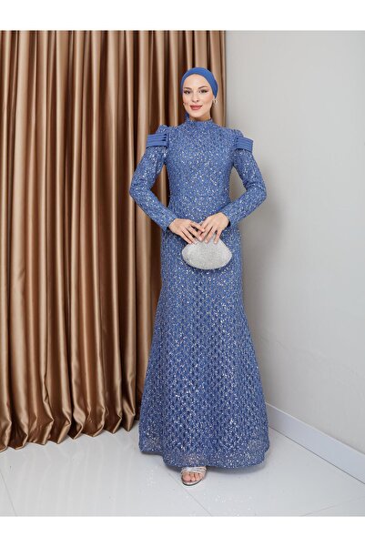 Olcay Saténové večerné šaty z rybieho hidžábu s rukávmi - modrá 1676