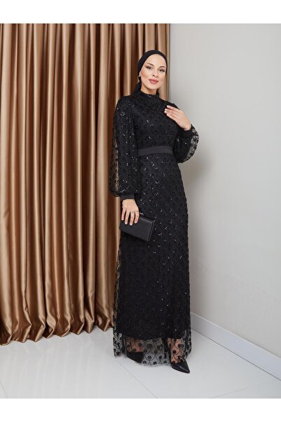 Olcay Černé večerní šaty z hidžábu s detaily z flitrů a korálků - pas 1229