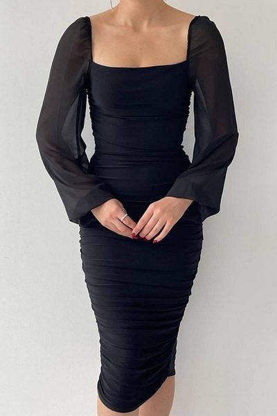 sarebutik Sandy Square Collar Black Dress, Sleeve Chiffon