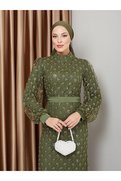 Olcay Večerní hidžábové šaty s flitry a korálky - Šaty s páskem v pase Khaki 1229