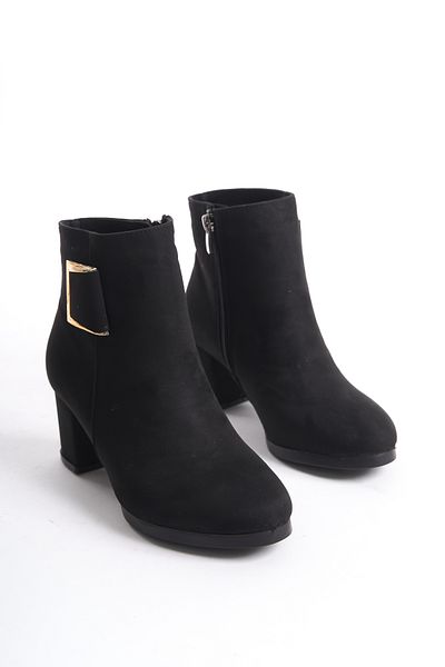 Santamarina Women's Athens Black Suede Buckle Detailed Heeled Short Boots