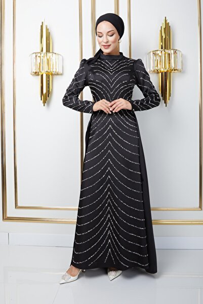 Olcay Kamenné saténové večerní šaty s pláštěnkou - černá 1674