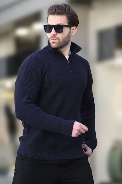 Madmext Ανδρικό πουλόβερ πλεκτό γιακά με φερμουάρ Navy Blue E7295