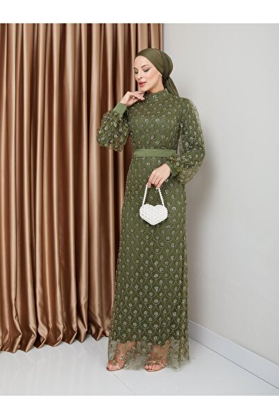 Olcay Večerní hidžábové šaty s flitry a korálky - Šaty s páskem v pase Khaki 1229