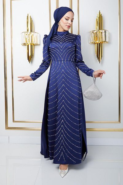 Olcay Navy Blue Satin Hijab Evening Dress with Front and Sleeves Stone Embellished Skirt with Cape