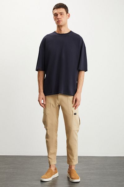 GRIMELANGE Tricou pentru bărbați Rhett, cu croială supradimensionată, 100% bumbac organic, tricotat de bază, albastru bleumarin