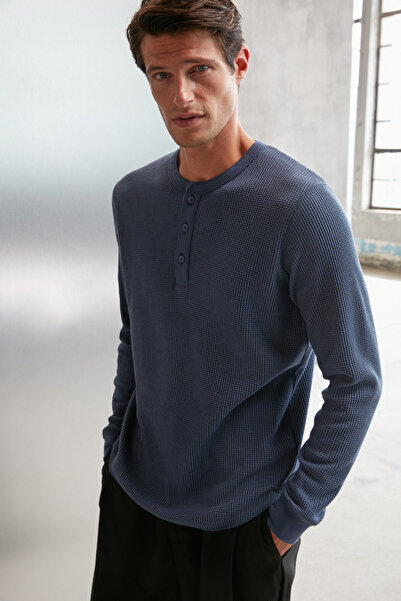 GRIMELANGE Patrick férfi kötöttáru gallér gofri különleges textúrájú vastag szövet hosszú ujjú indigó póló