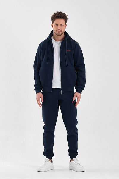 Piyera Men's Navy Blue Tracksuit Set, Three Thread Raster, Hood, Zipper and Pocket - 5206