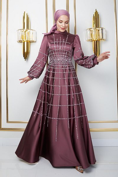 Olcay Hijab-Abendkleid aus Satin mit Steinen und Pailletten – DRIED ROSE 1675