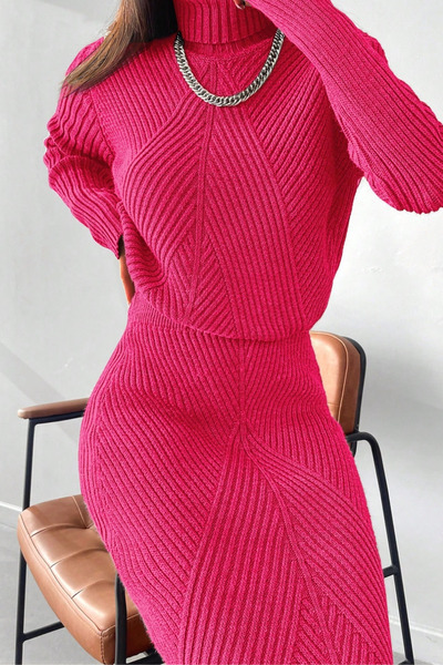 Miss Poem Fuşya Renkli Örgü Desenli Triko Elbise Takım